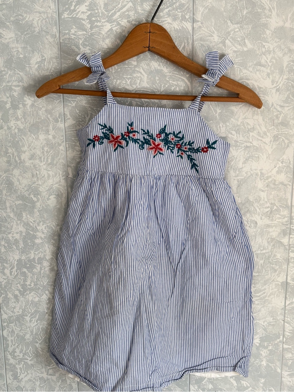 Baby GAP Blue and White Striped smocked  Floral Embroidered Sundress